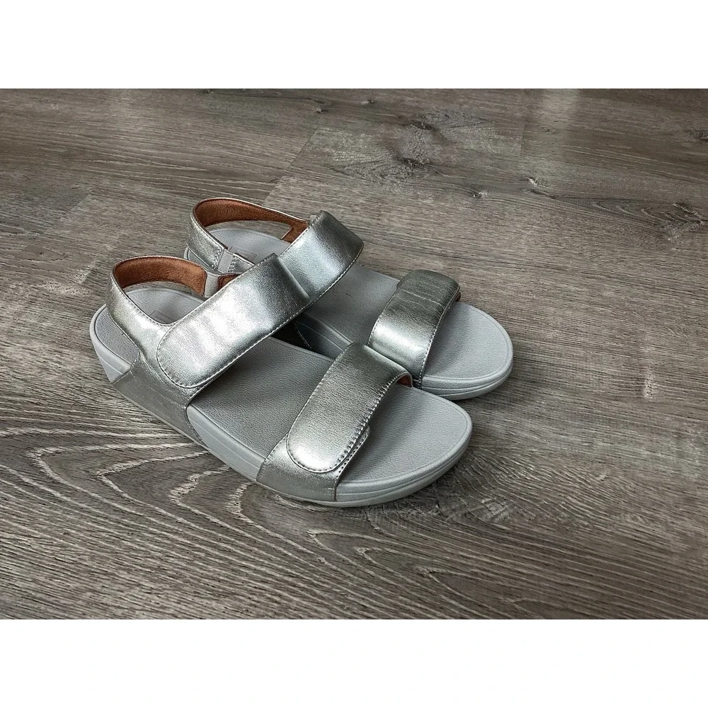 FitFlop Lulu Slide Sandals Women size 8.5 Silver Leather Adjustable Slip On